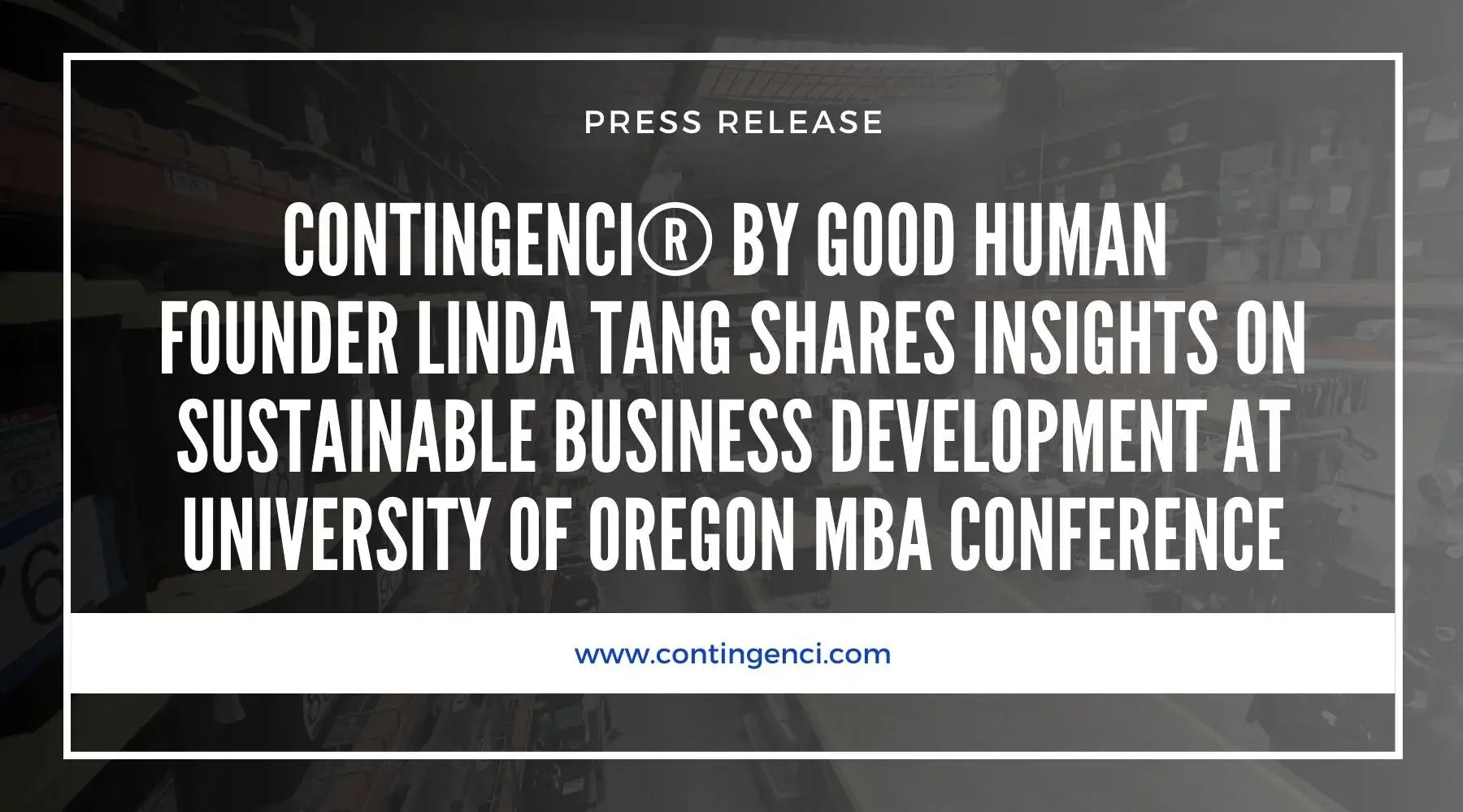 Linda Tang, founder of Contingenci®, speaking at the University of Oregon MBA Conference on sustainable business practices.